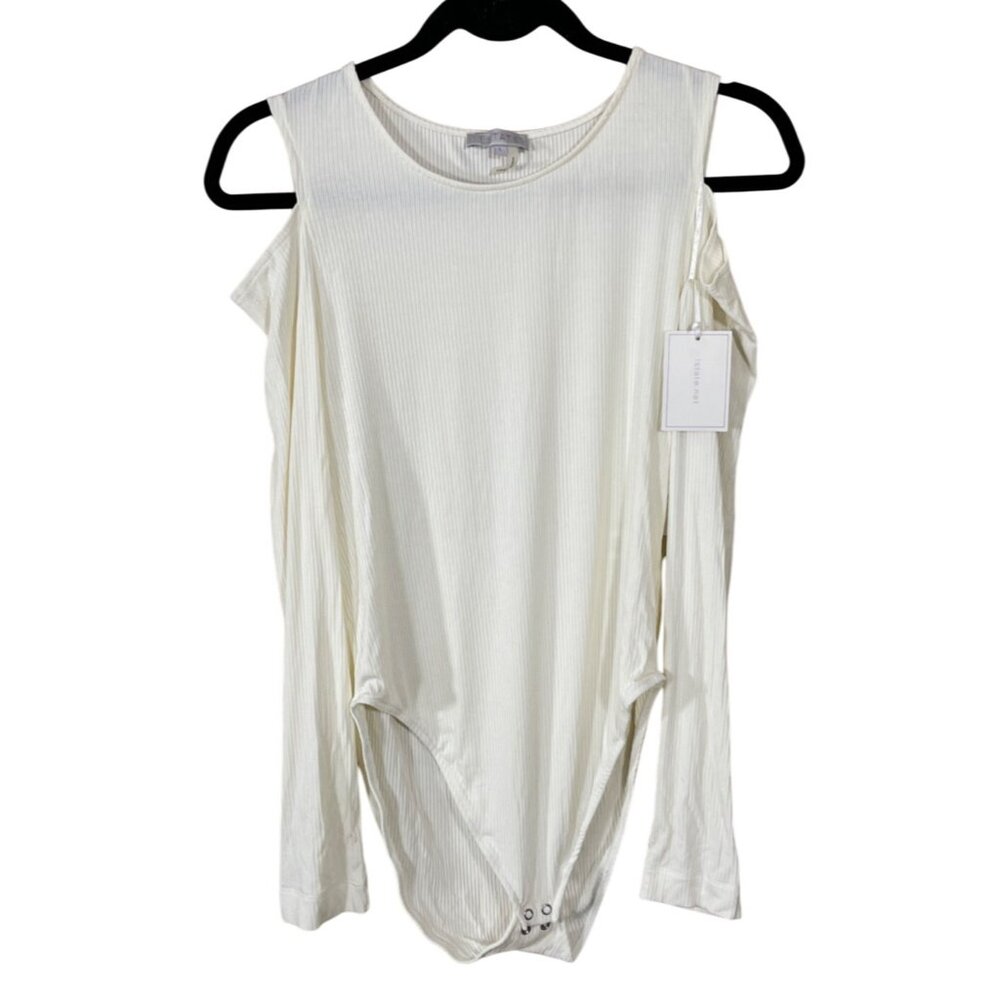 New 1. State Bodysuit Ribbed Cold Shoulder Cream Size L Large Basic Layer